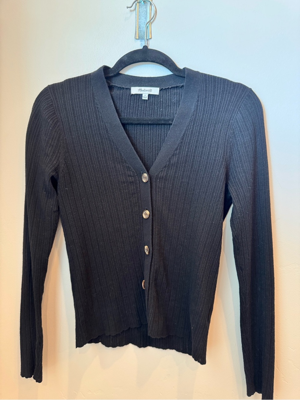 Madewell Black Ribbed V-Neck Button Cardigan Lightweight Sweater